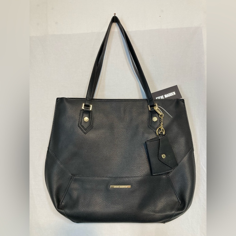 STEVE MADDEN BLACK TOTE SHOULDER BOOK BAG W/ DETTACHABLE KEY WALLET NWT